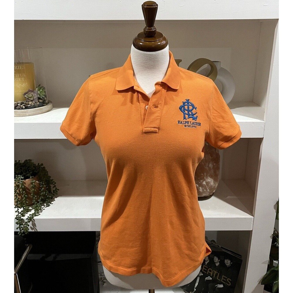 Ralph Lauren Blue Skinny Fit Polo womens large Shirt orange blue Crest‎